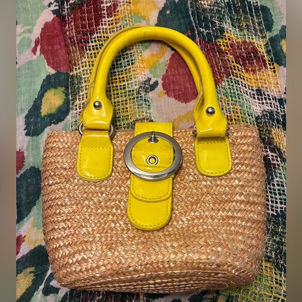 Patent Yellow and Tan Woven Handbag